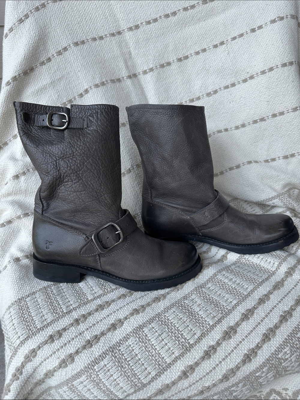 Frye Women’s Grey Leather Engineer  Ankle Boots